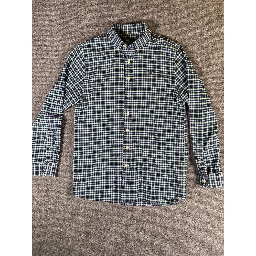 Vineyard Vines Whale Shirt Mens L Blue Green Plaid Cotton Preppy Button Down